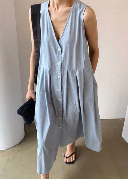 Women Blue Wrinkled Button Patchwork Wear On Both Sides Cotton Dresses Sleeveless LC0453 - fabuloryshop