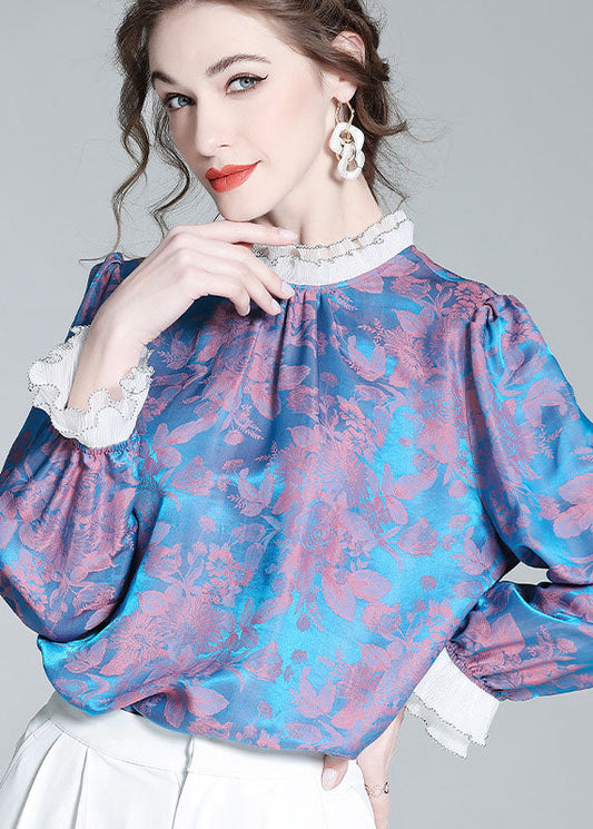 Women Blue Wrinkled Patchwork Print Silk Top Spring LY0112 - fabuloryshop