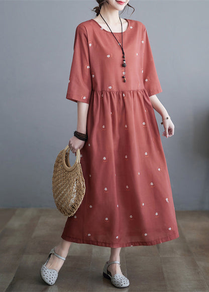 Women Brick Red Cinched Print Linen Dress Half Sleeve LY5274 - fabuloryshop