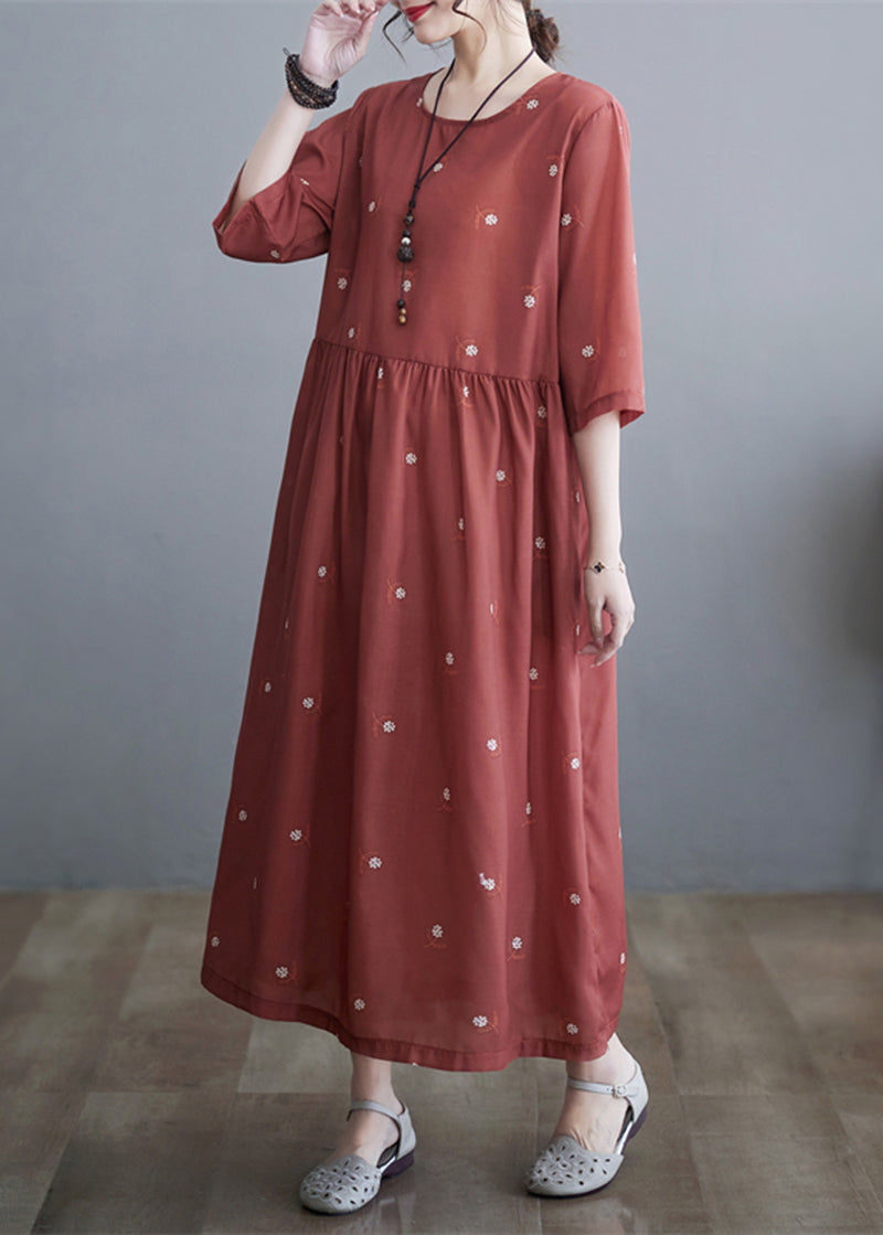 Women Brick Red Cinched Print Linen Dress Half Sleeve LY5274 - fabuloryshop