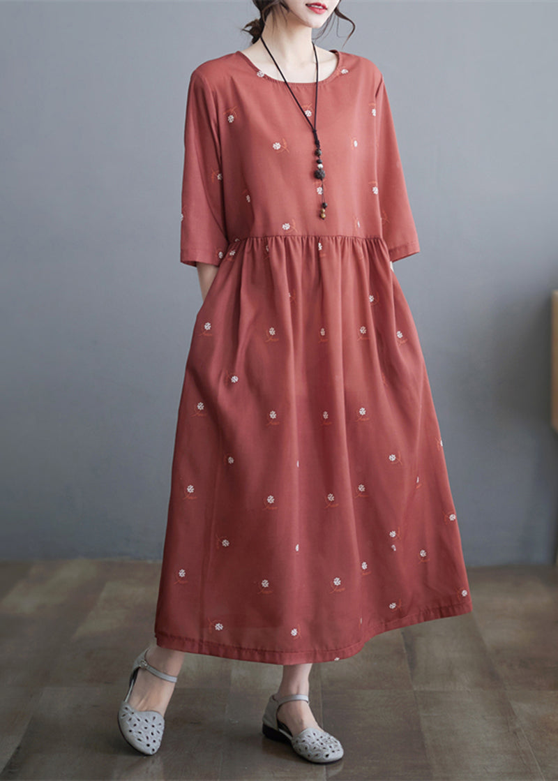 Women Brick Red Cinched Print Linen Dress Half Sleeve LY5274 - fabuloryshop