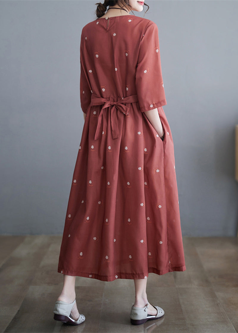 Women Brick Red Cinched Print Linen Dress Half Sleeve LY5274 - fabuloryshop