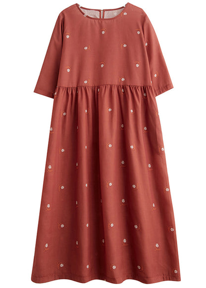 Women Brick Red Cinched Print Linen Dress Half Sleeve LY5274 - fabuloryshop