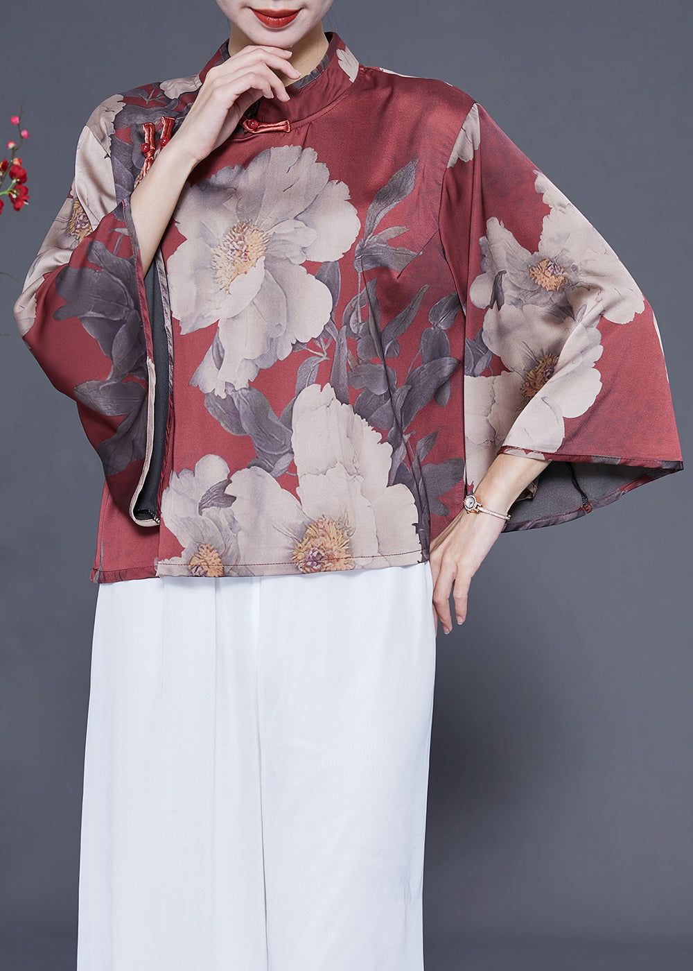 Women Brick Red Stand Collar Print Chinese Button Silk Shirt Flare Sleeve LY1855 - fabuloryshop