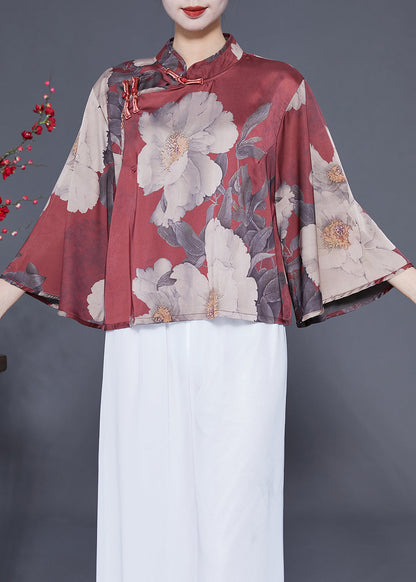 Women Brick Red Stand Collar Print Chinese Button Silk Shirt Flare Sleeve LY1855 - fabuloryshop