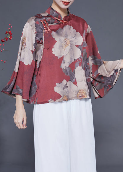 Women Brick Red Stand Collar Print Chinese Button Silk Shirt Flare Sleeve LY1855 - fabuloryshop