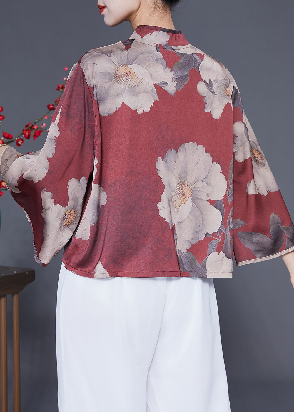 Women Brick Red Stand Collar Print Chinese Button Silk Shirt Flare Sleeve LY1855 - fabuloryshop