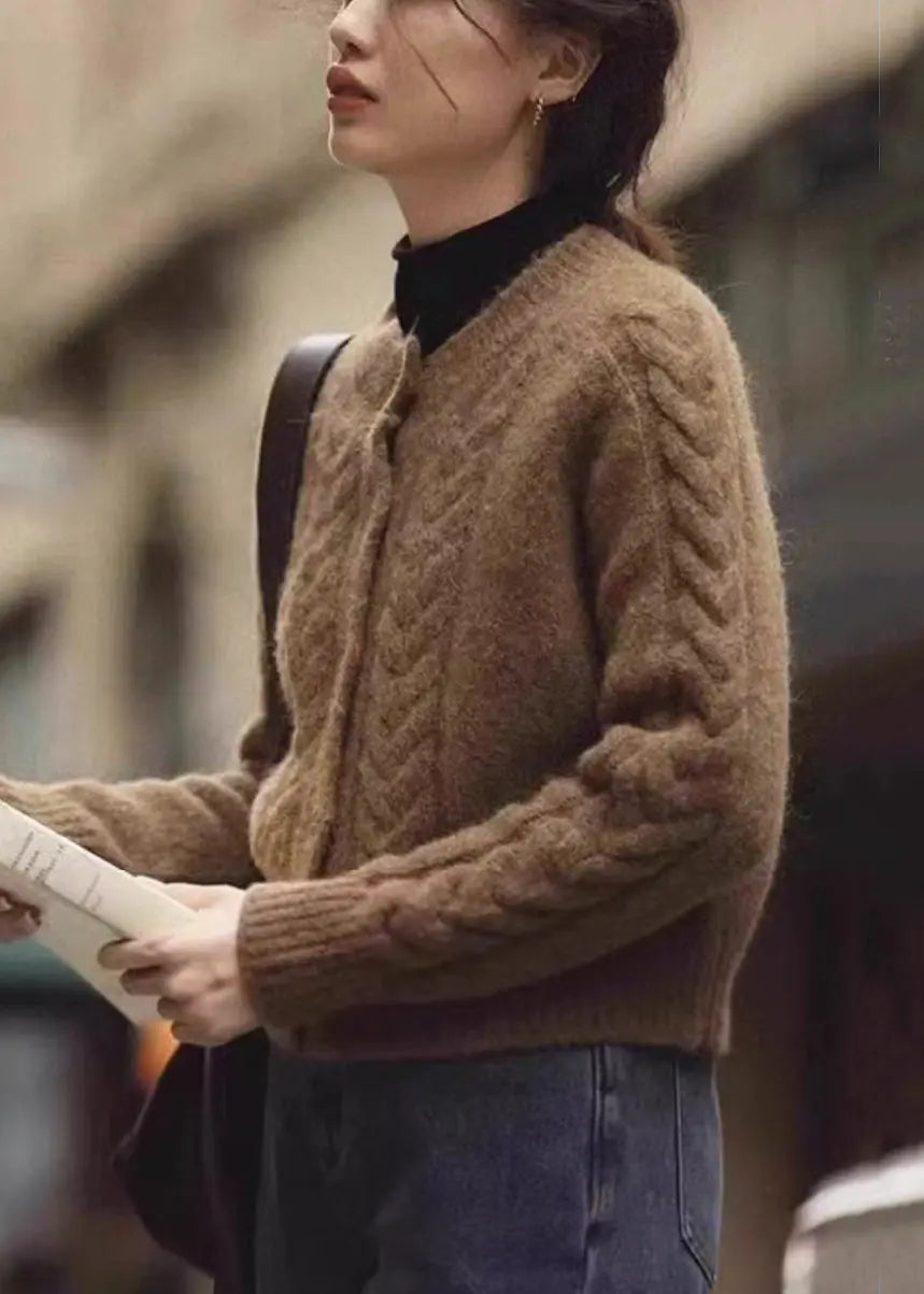 Women Brown Button  Warm Knit Coats Fall Ada Fashion