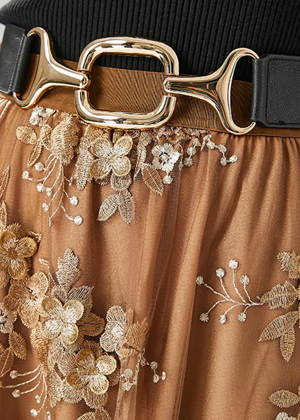 Women Brown Elastic Waist Embroideried Tulle Skirts Fall Ada Fashion