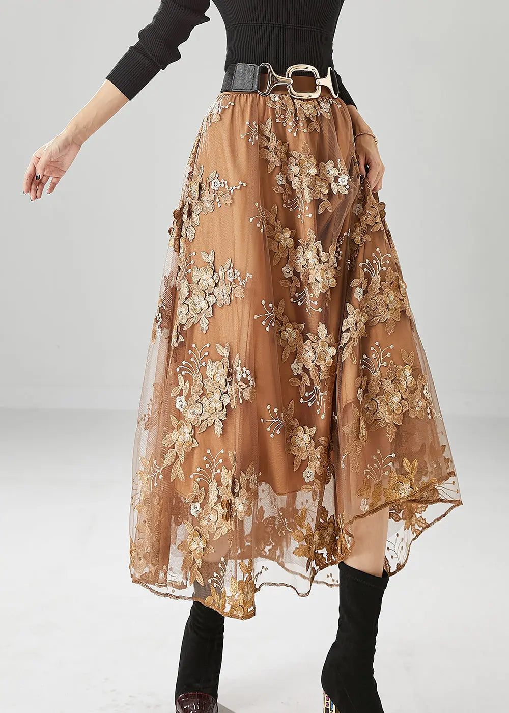 Women Brown Elastic Waist Embroideried Tulle Skirts Fall Ada Fashion