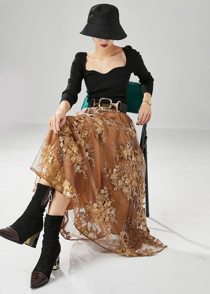 Women Brown Elastic Waist Embroideried Tulle Skirts Fall Ada Fashion