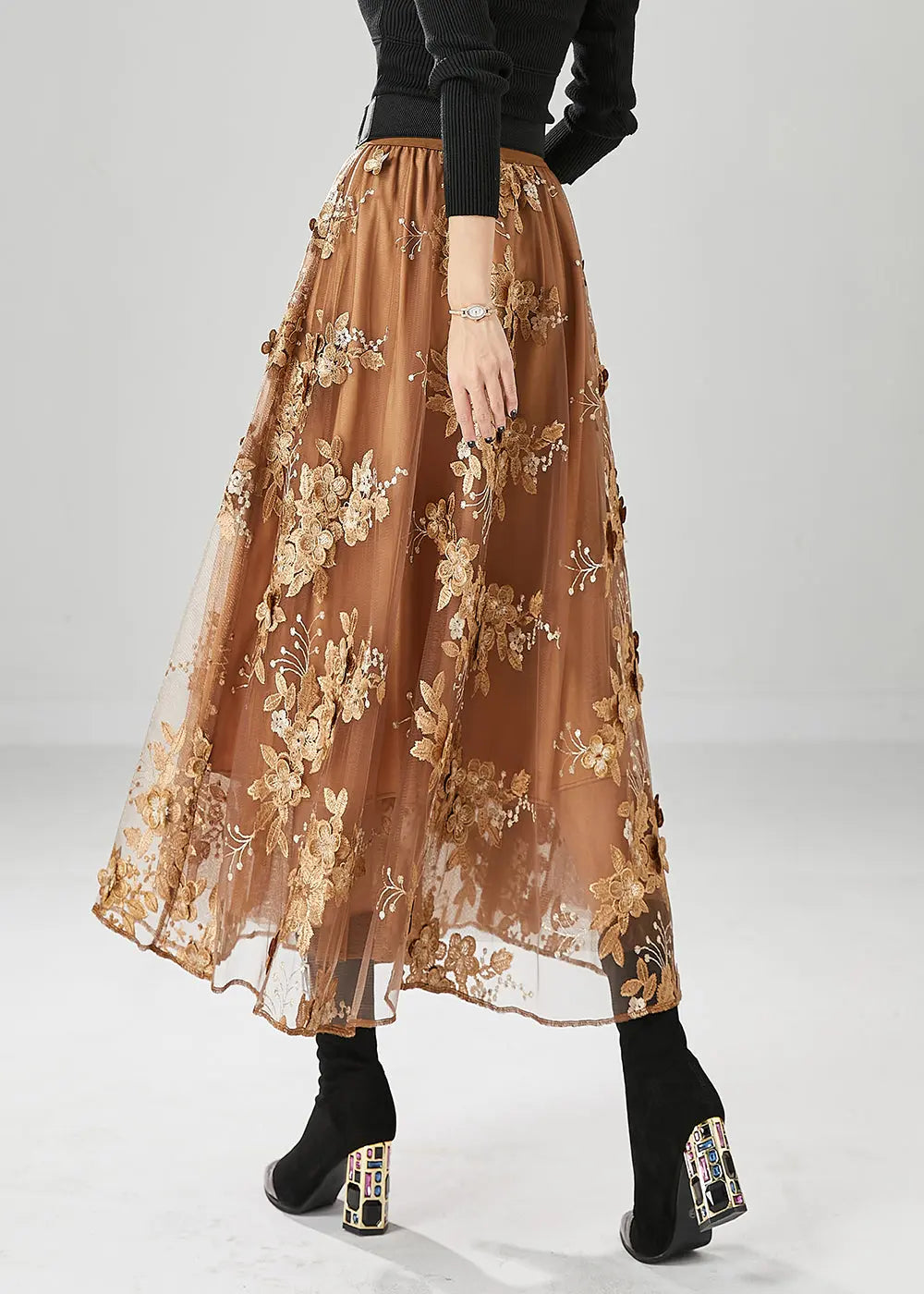 Women Brown Elastic Waist Embroideried Tulle Skirts Fall Ada Fashion