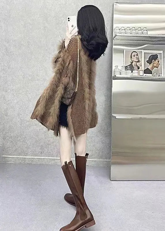 Women Brown O Neck Fox Hair Patchwork Knit Sweaters Winter Ada Fashion