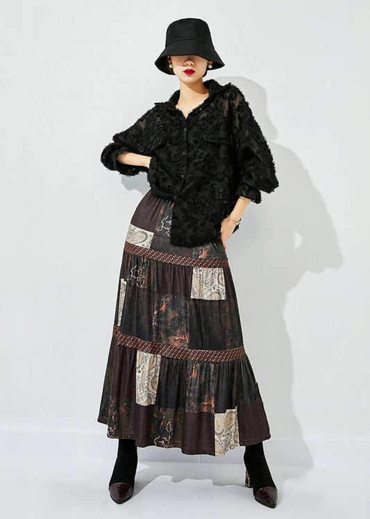 Women Brown Print Patchwork Wrinkled Silk Skirts Summer LY0855 - fabuloryshop