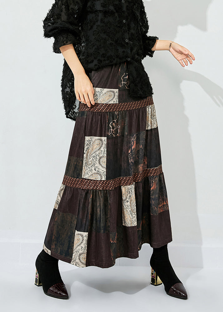 Women Brown Print Patchwork Wrinkled Silk Skirts Summer LY0855 - fabuloryshop