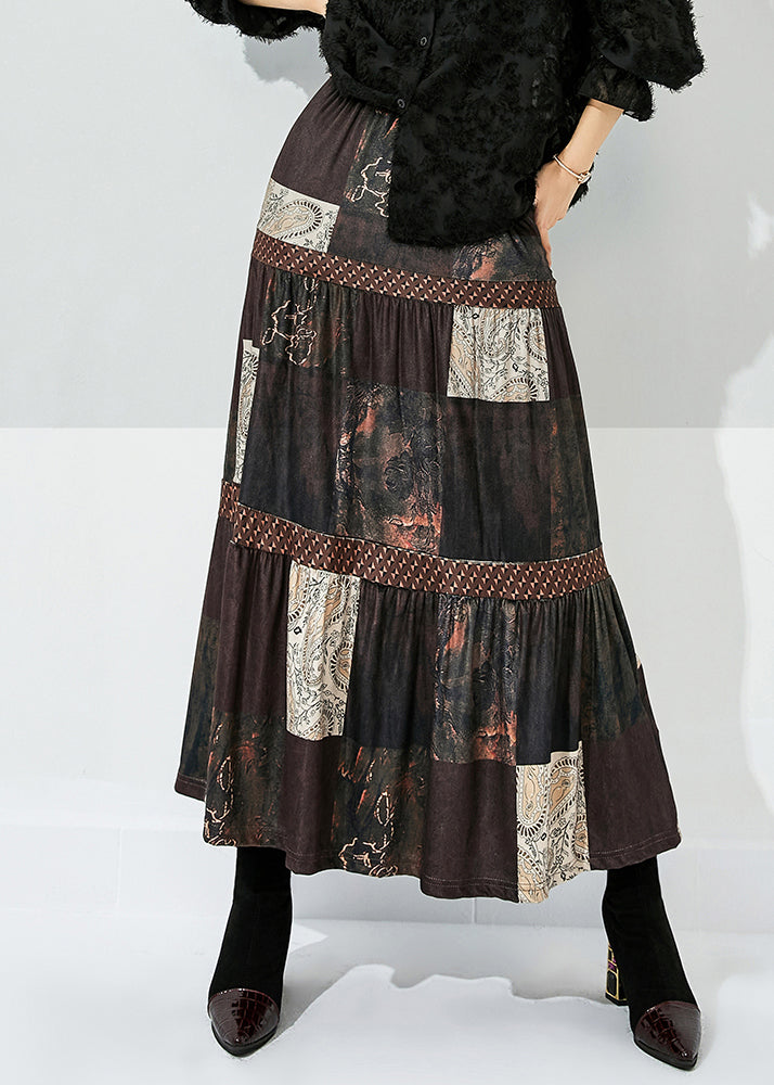 Women Brown Print Patchwork Wrinkled Silk Skirts Summer LY0855 - fabuloryshop