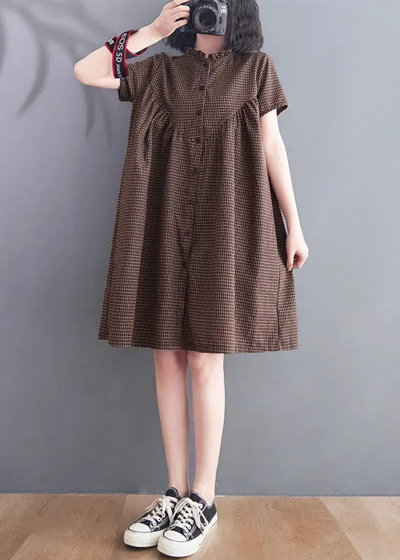 Women Brown Ruffled Plaid Linen A Line Dress Summer Ada Fashion