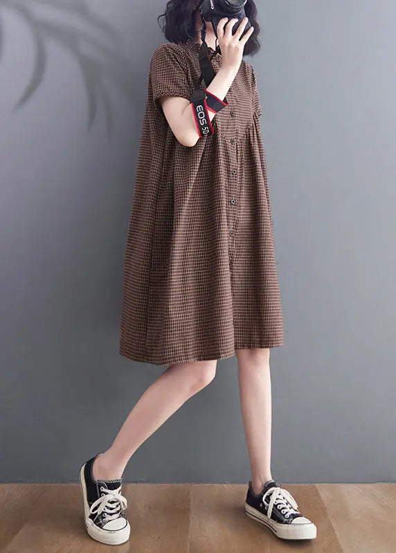 Women Brown Ruffled Plaid Linen A Line Dress Summer Ada Fashion