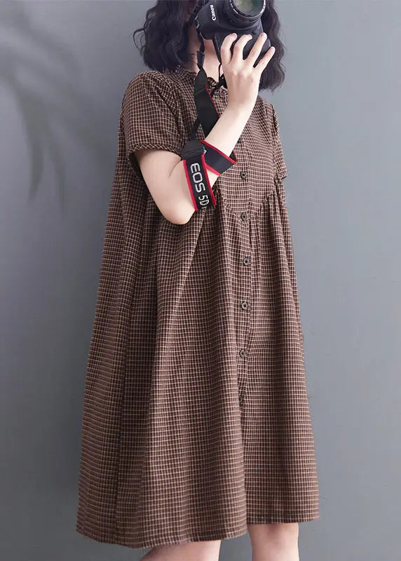 Women Brown Ruffled Plaid Linen A Line Dress Summer Ada Fashion