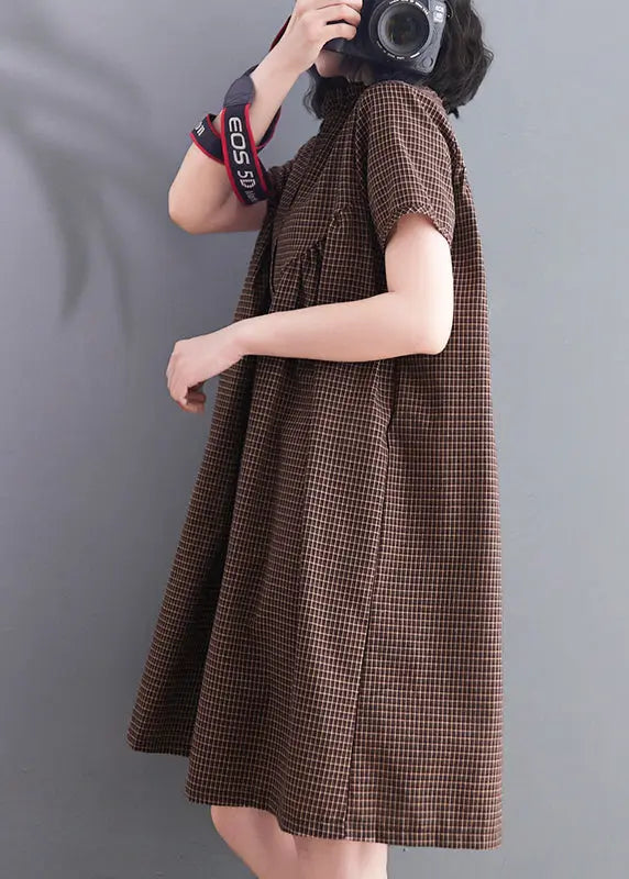 Women Brown Ruffled Plaid Linen A Line Dress Summer Ada Fashion