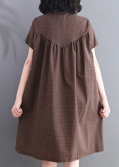 Women Brown Ruffled Plaid Linen A Line Dress Summer Ada Fashion