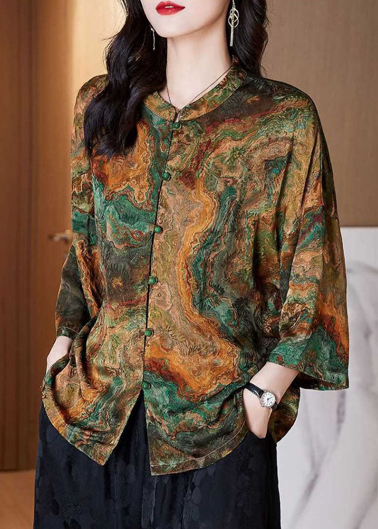 Women Brown Stand Collar Button Print Patchwork Silk Blouse Top Summer TF1060 - fabuloryshop