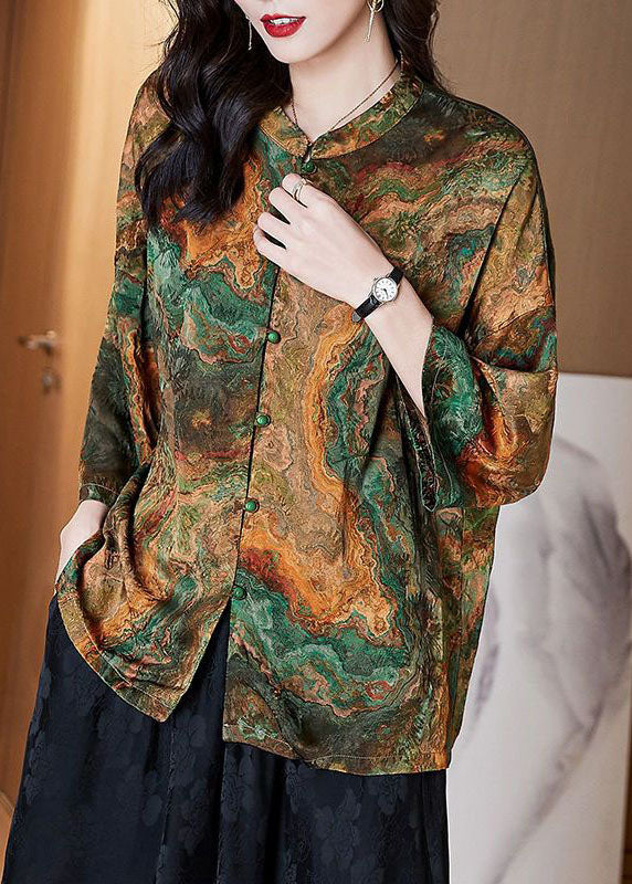 Women Brown Stand Collar Button Print Patchwork Silk Blouse Top Summer TF1060 - fabuloryshop