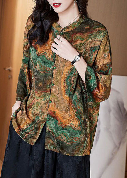 Women Brown Stand Collar Button Print Patchwork Silk Blouse Top Summer LY8188