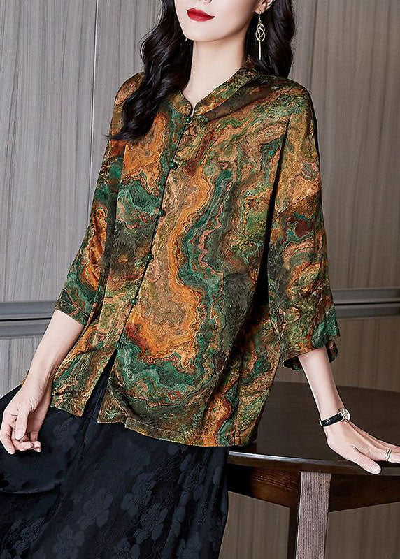 Women Brown Stand Collar Button Print Patchwork Silk Blouse Top Summer TF1060 - fabuloryshop