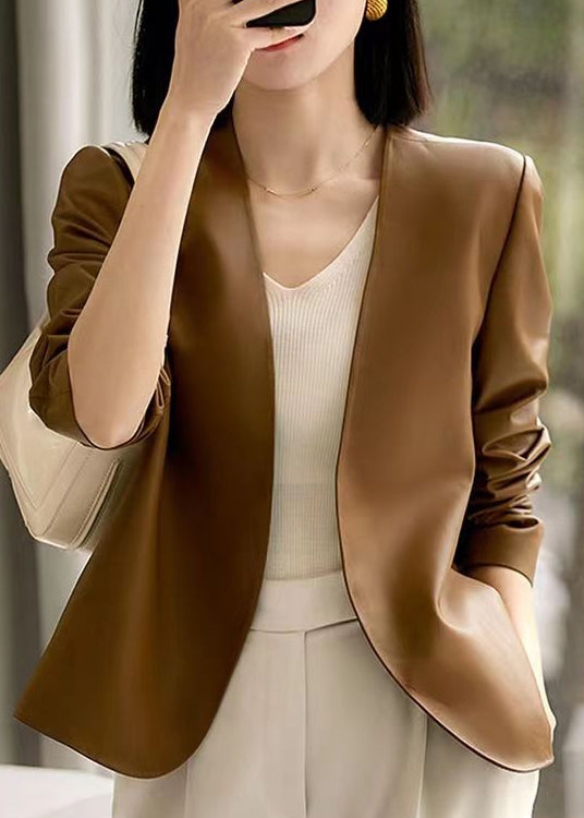 Women Brown V Neck Patchwork Sheepskin Coats Fall Ada Fashion