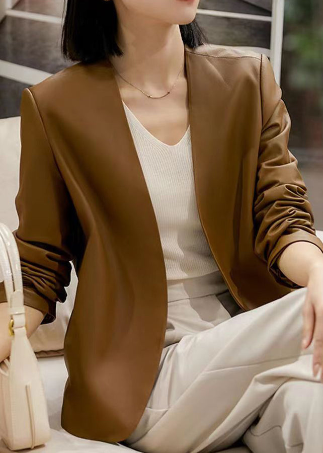 Women Brown V Neck Patchwork Sheepskin Coats Fall Ada Fashion