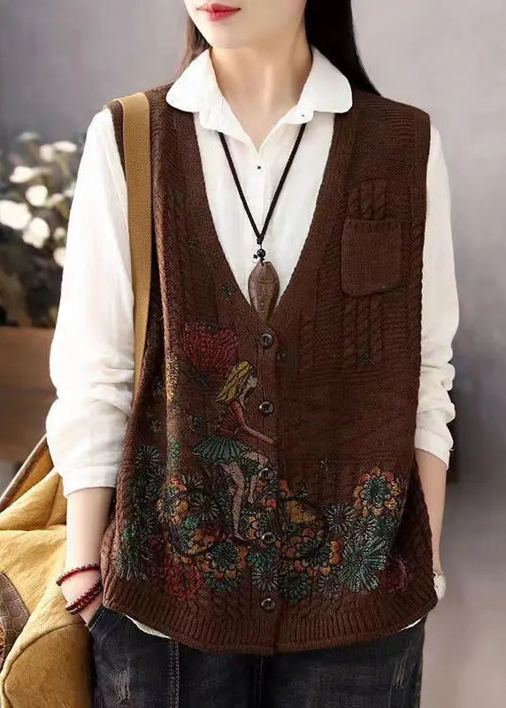 Women Brown V Neck Print Button Cotton Knit Waistcoat Sleeveless Ada Fashion