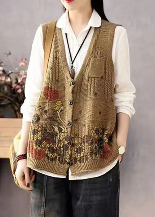 Women Brown V Neck Print Button Cotton Knit Waistcoat Sleeveless Ada Fashion