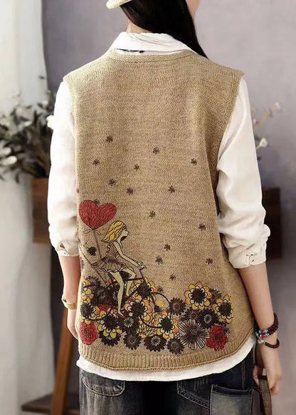 Women Brown V Neck Print Button Cotton Knit Waistcoat Sleeveless Ada Fashion