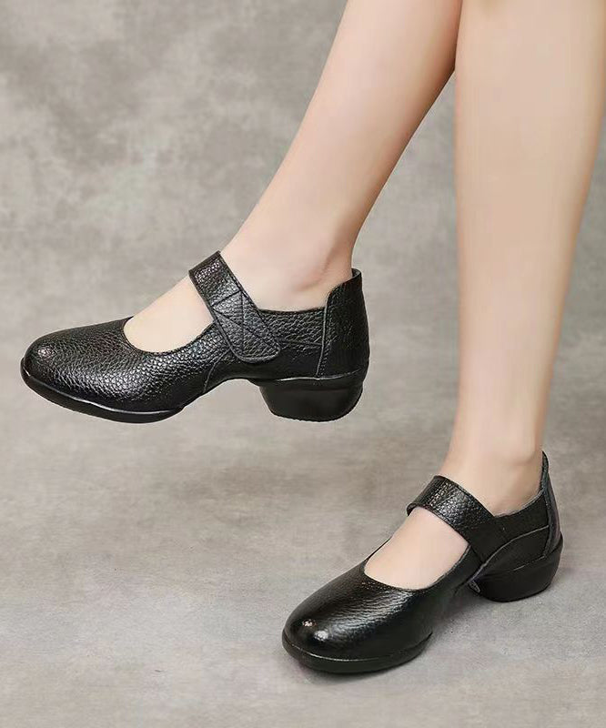 Women Buckle Strap Splicing Chunky Black Cowhide Leather Dance Shoes Ada Fashion