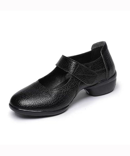 Women Buckle Strap Splicing Chunky Black Cowhide Leather Dance Shoes Ada Fashion