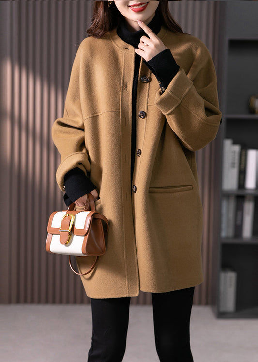 Women Camel O Neck Pockets Button Patchwork Wool Coats Fall Ada Fashion