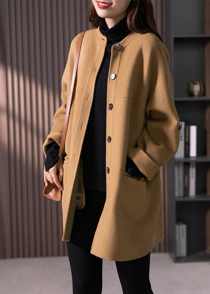 Women Camel O Neck Pockets Button Patchwork Wool Coats Fall Ada Fashion