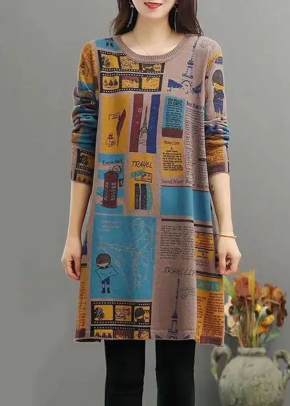 Women Camel O Neck Print Patchwork Warm Fleece Mid Dress Winter Ada Fashion