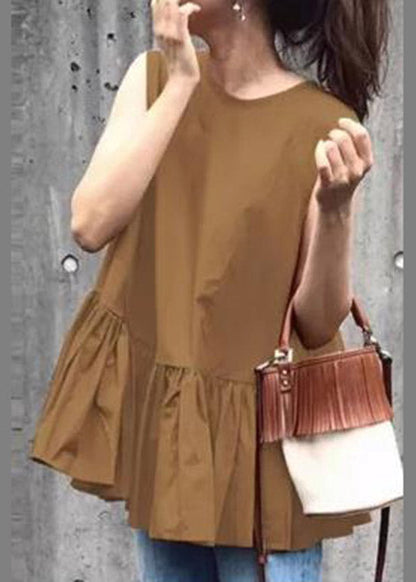 Women Camel O-Neck Ruffled Patchwork Solid Tops Summer LY2095 - fabuloryshop