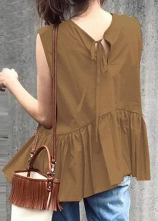 Women Camel O-Neck Ruffled Patchwork Solid Tops Summer LY2095 - fabuloryshop