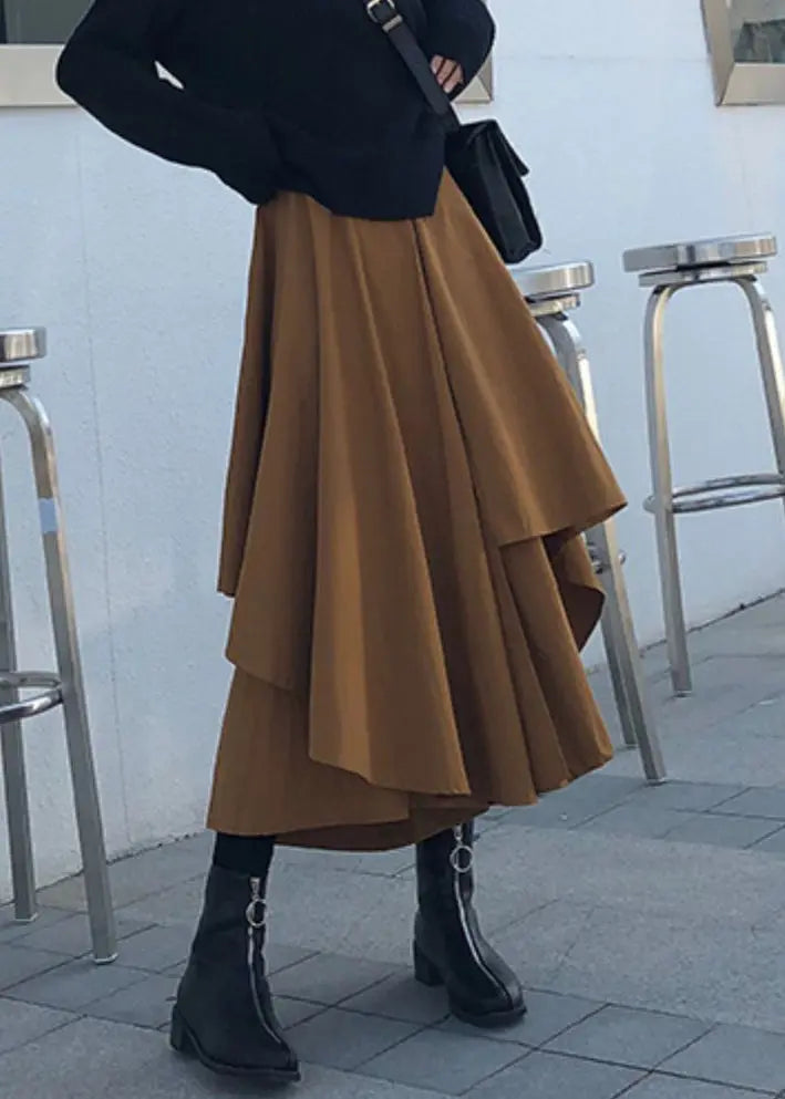 Women Caramel Asymmetrical High Waist Patchwork Cotton Pants Skirt Fall Ada Fashion