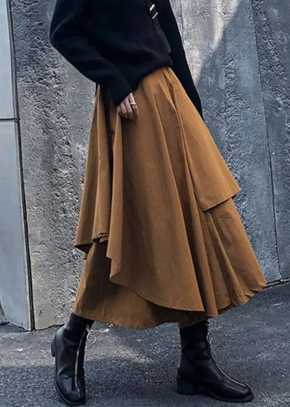 Women Caramel Asymmetrical High Waist Patchwork Cotton Pants Skirt Fall Ada Fashion