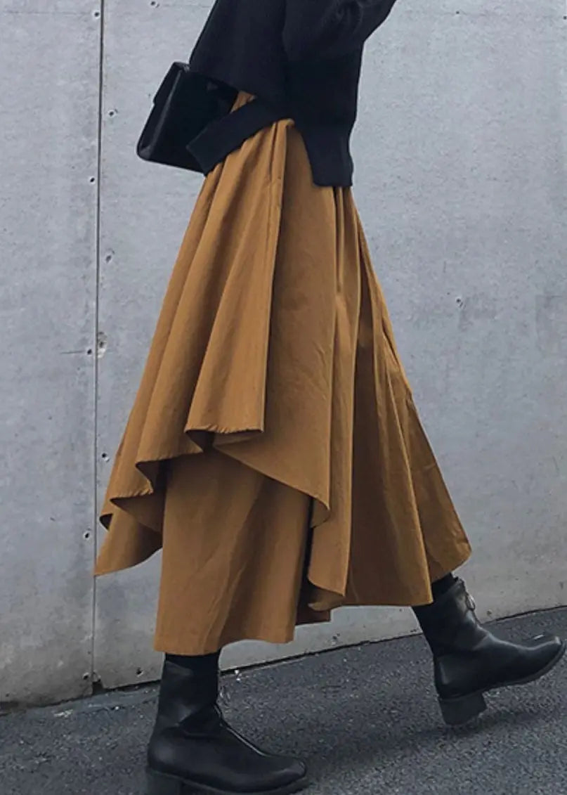 Women Caramel Asymmetrical High Waist Patchwork Cotton Pants Skirt Fall Ada Fashion