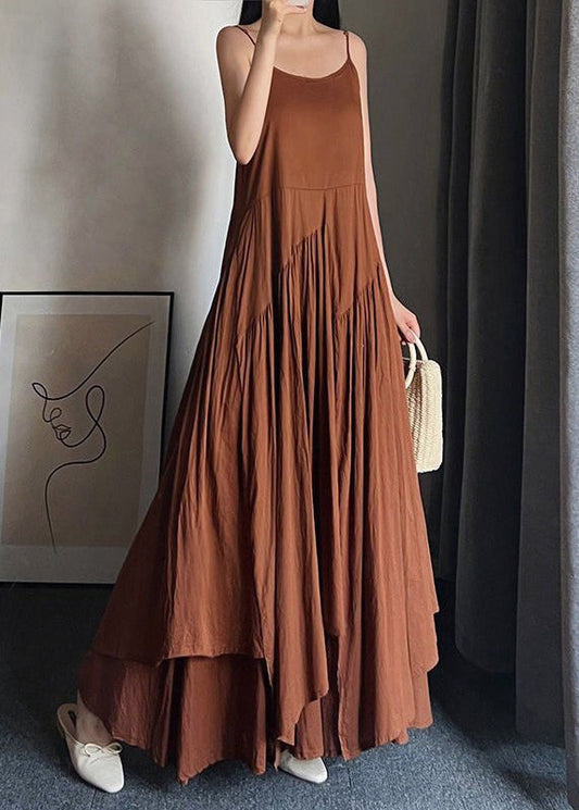 Women Caramel O Neck Wrinkled Patchwork Cotton Spaghetti Strap Dress Sleeveless Ada Fashion