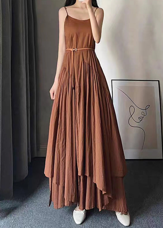 Women Caramel O Neck Wrinkled Patchwork Cotton Spaghetti Strap Dress Sleeveless Ada Fashion