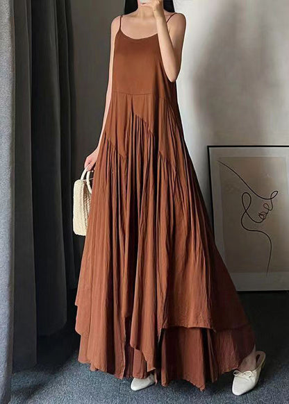 Women Caramel O Neck Wrinkled Patchwork Cotton Spaghetti Strap Dress Sleeveless Ada Fashion