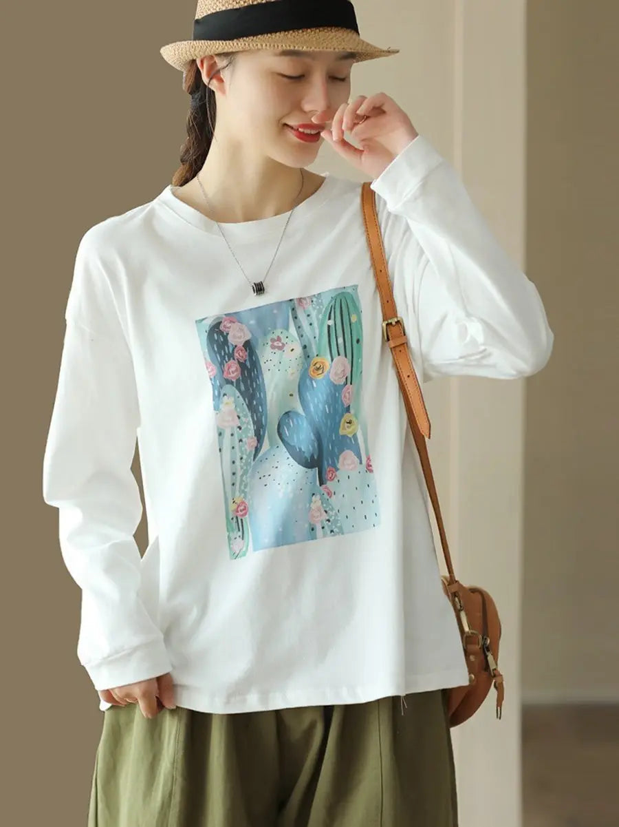 Women Casual Cactus Print Spring O-Neck Cotton Shirt Ada Fashion