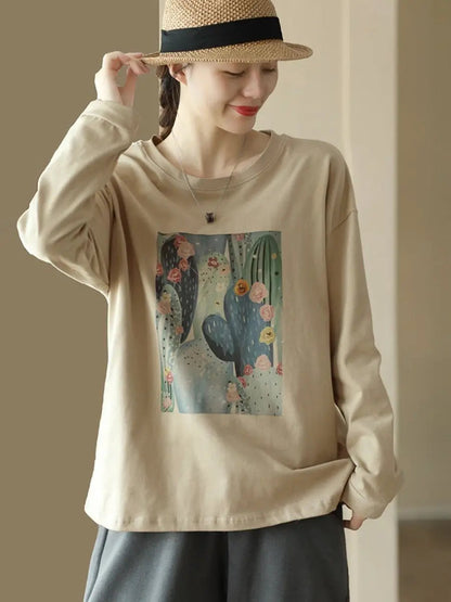 Women Casual Cactus Print Spring O-Neck Cotton Shirt Ada Fashion