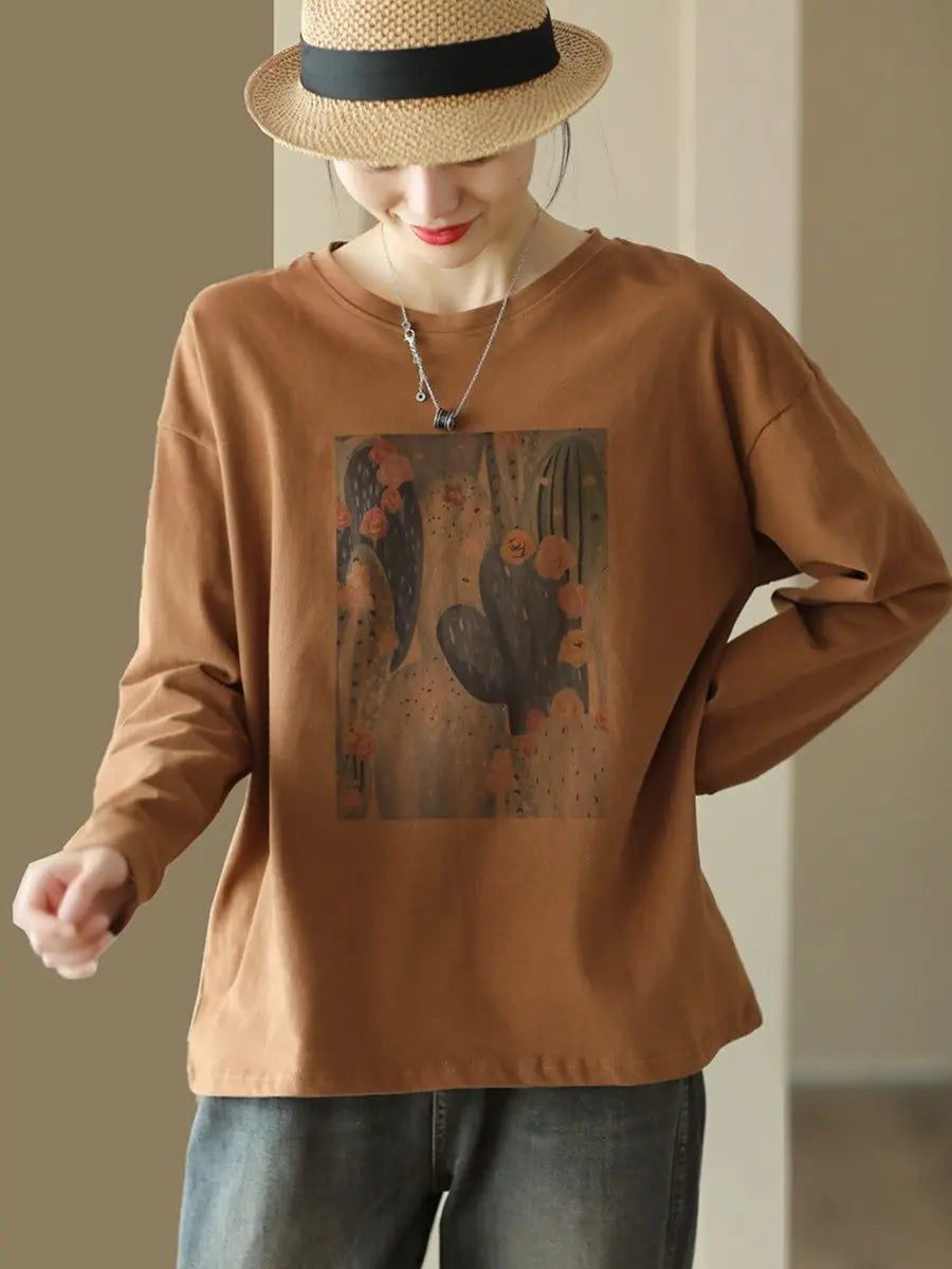 Women Casual Cactus Print Spring O-Neck Cotton Shirt Ada Fashion